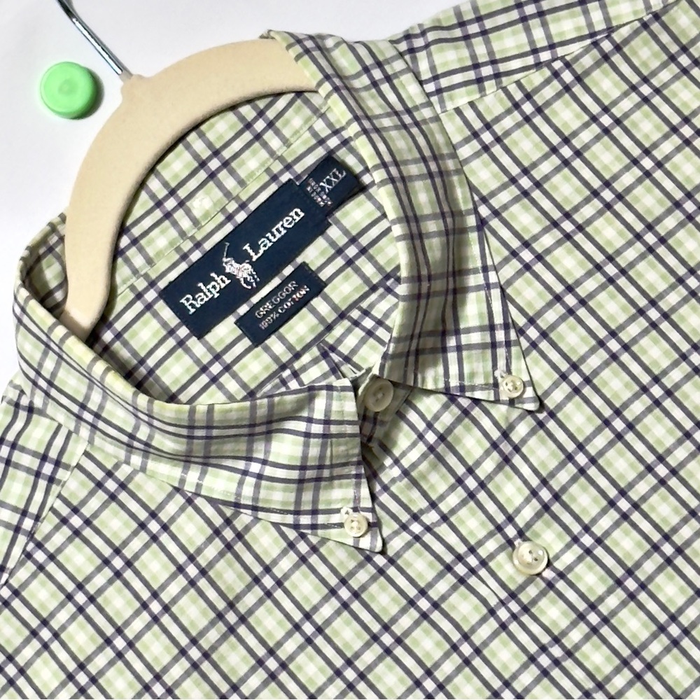Ralph Lauren Greggor Men's XXL Green & Purple Plaid Shirt Short Sleeve Excellent